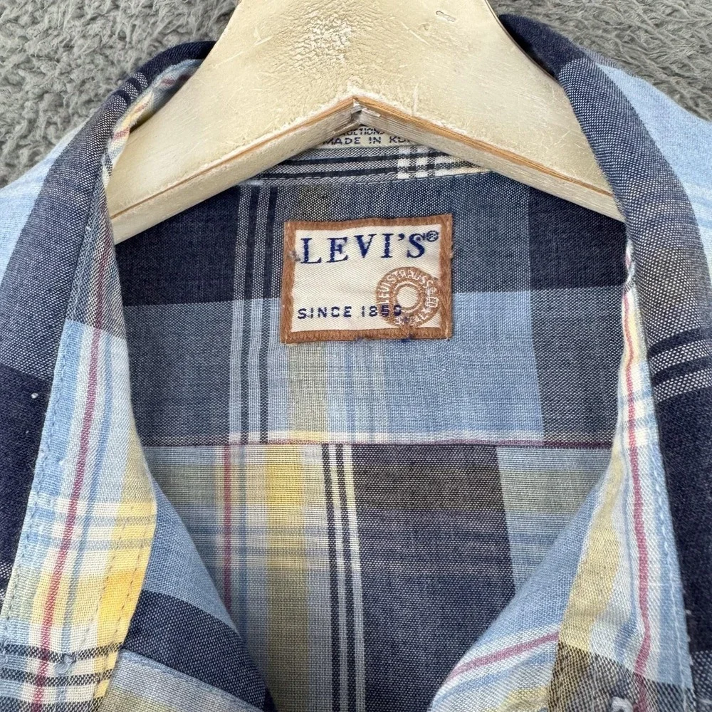 VTG Levis Shirt Mens Large Blue Yellow Plaid Button Up Long Sleeve Western Korea
